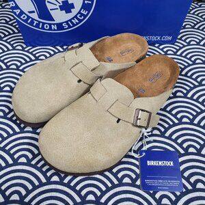 Birkenstock Boston taupe suede mule clogs